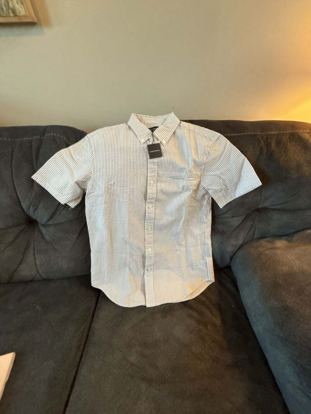 Club Monaco Slim Fit Short Sleeve Seersucker Besom Pocket Shirt